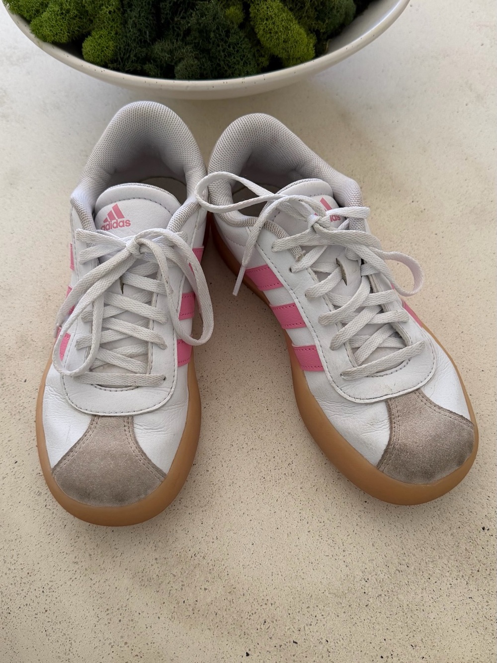 adidas White Sneakers with Pink Stripes and Gum Sole